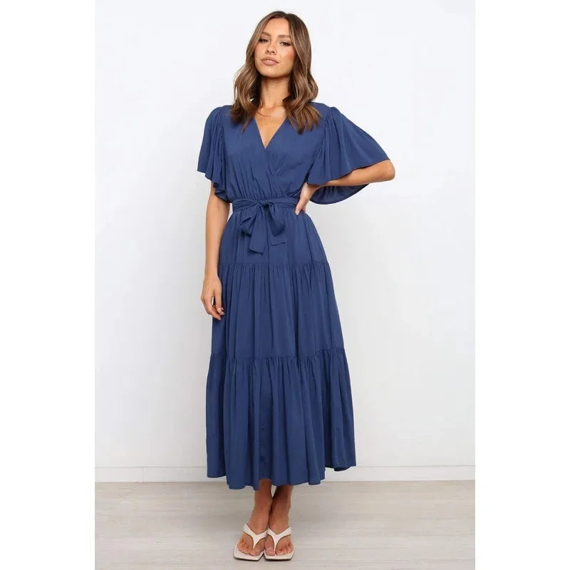 Bohemian V-Neck Short Sleeve Waist-Cinched Dress Skirt Dress