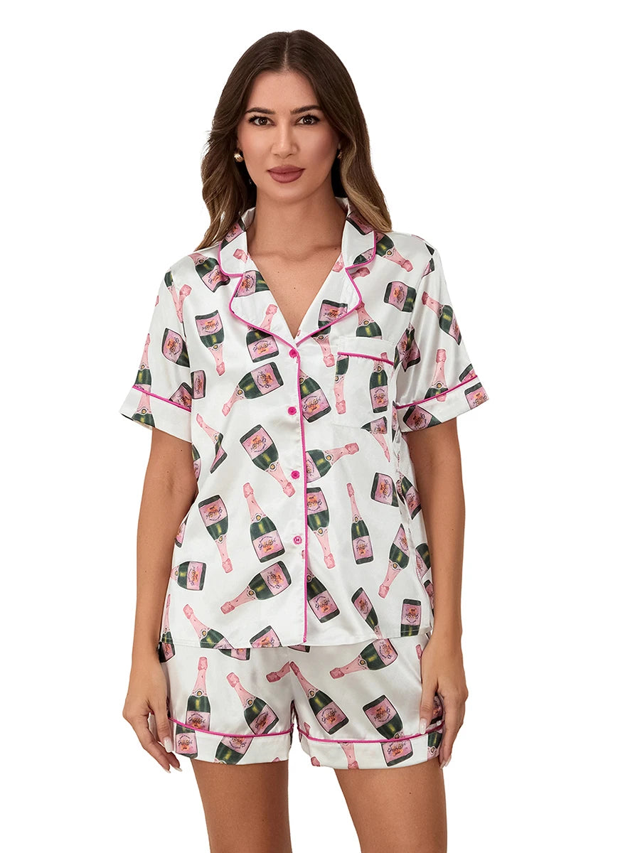 Women s 2 Piece Pajama Set V-Neck Short Sleeve Button Down Tops Drawstring Waist Shorts Sleepwear