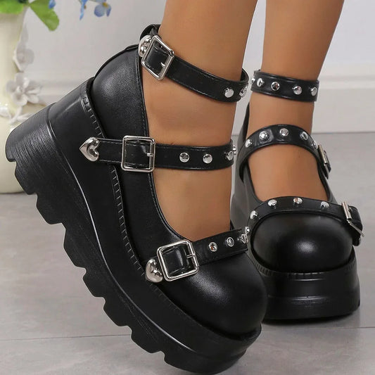 Retro Round Toe Heel Studded Punk Mary Jane
