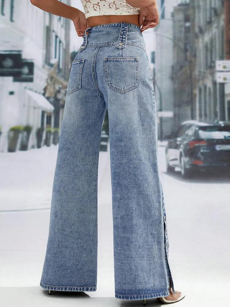 Plus Size Spliced Button Fly Denim Straight Wide Leg  Jeans Pockets High Waist Vintage Women Denim Jeans Casual Streetwear Trousers