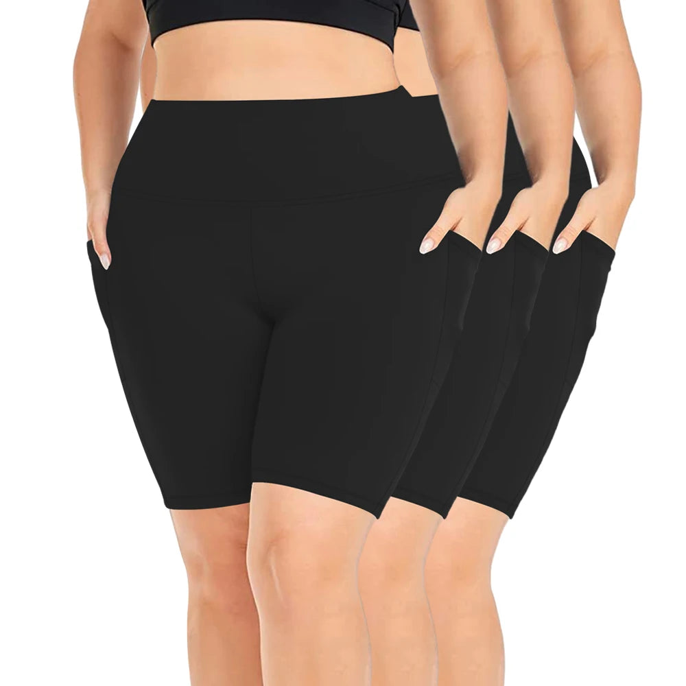 Plus-size 3 Pack High Waisted Workout Shorts  Yoga Biker Shorts Two Side Pockets
