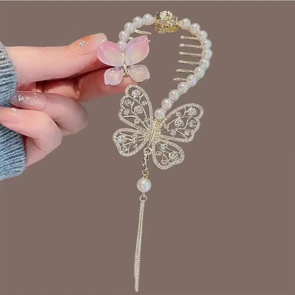 Flower Tassel Hair Clip Women Ladies Butterfly Rhinestone Pearl Metal Hair Claw Round Bun Ponytail Holder Hair Accessories