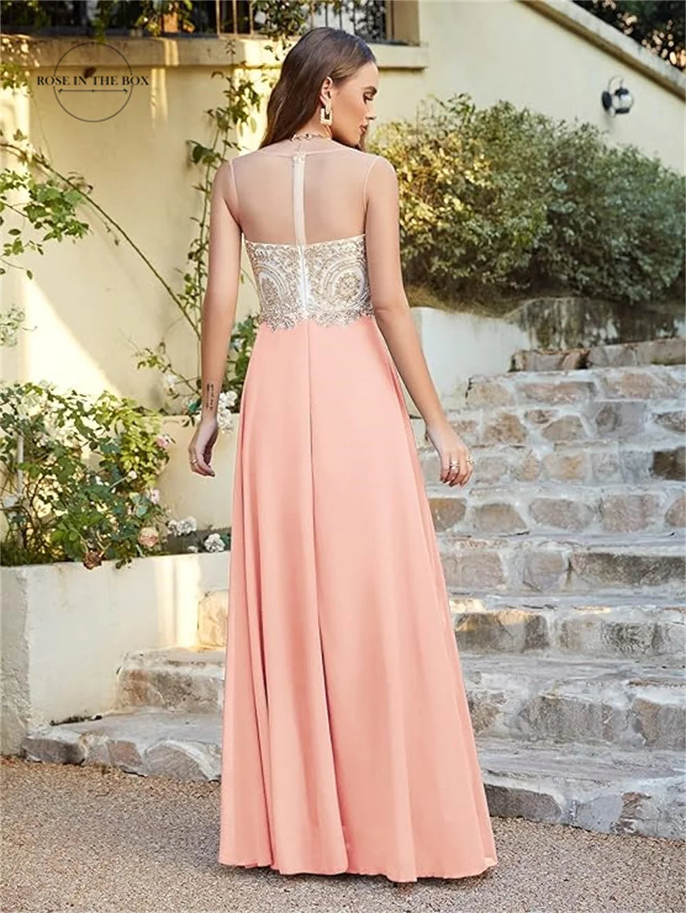 Elegant Gold Appliques Long Dress Women Illusion Neck A Line Chiffon Prom Evening Party Gowns Maxi Gala Dress