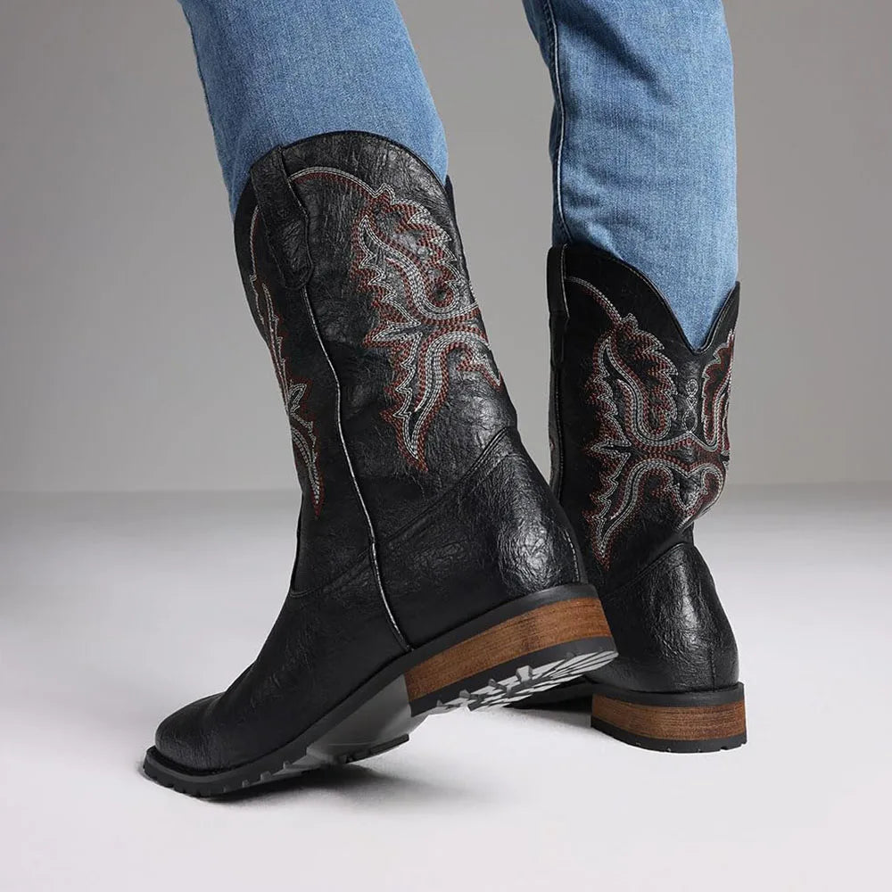 Plus size 12.5 Fashion Retro Square Toe Neutral Cowboy Boots Luxury Embroidered Concise Pull-on Western Boots
