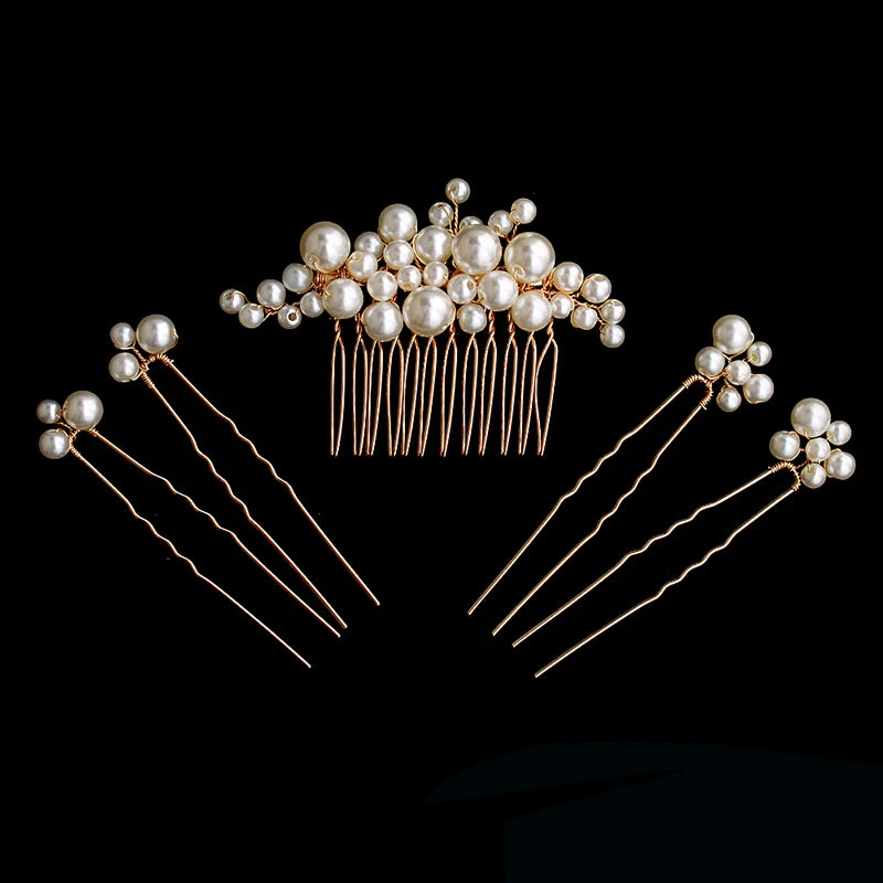 Luxury Pearls Flower Hair Comb Hair Pins Clips Set Cute Hair Fork Headpieces for Women Jewelry Gift Hair Accessory