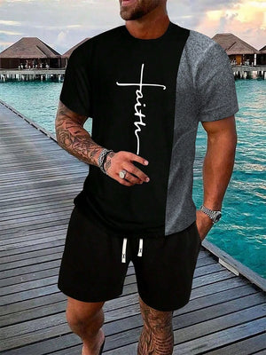 Urban street fashion trend men's crew neck short sleeve suit outdoor simple crew neck top casual and comfortable shorts