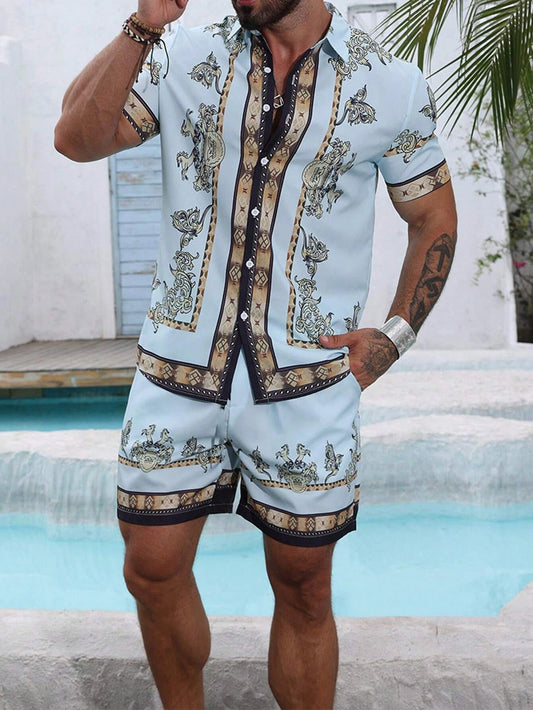 Baroque Luxury Printed Men's Shirt Shorts 2 Piece Set Summer Casual Shirt Hawaiian Beach Short-sleeved Men's Suits Clothing