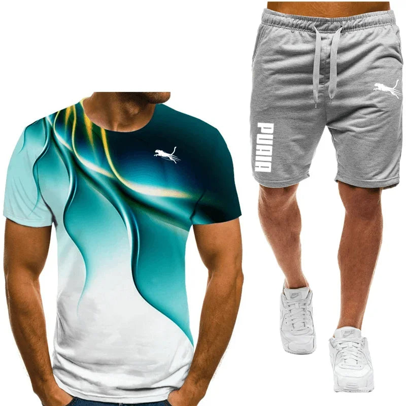 Two piece animal pattern printed men's suit summer casual daily men's short sleeved T-shirt outdoor street men's sports shorts