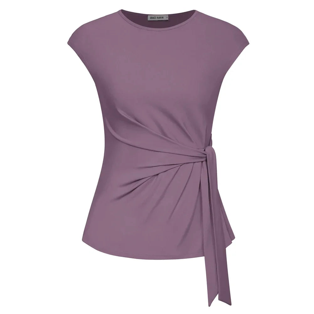 Front Bow Knot  Cap Sleeve Crew Neck Pullover