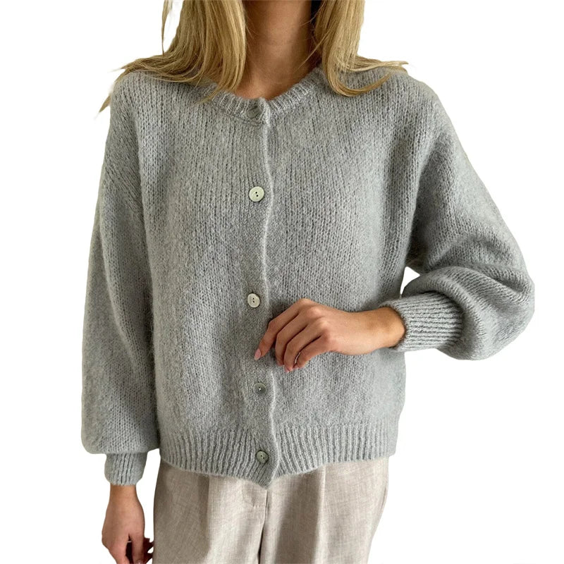 Sweaters Women Solid Color Round Neck Single Breasted Long Sleeve Cardigan Tops Warm Knitwear Streetwear