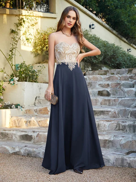 Elegant Gold Appliques Long Dress Women Illusion Neck A Line Chiffon Prom Evening Party Gowns Maxi Gala Dress