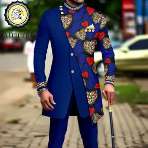 African Style Suits for Men Embroidery Print Blazer and Pants Set Business Dress Suit with Kerchief Party Wedding Evening