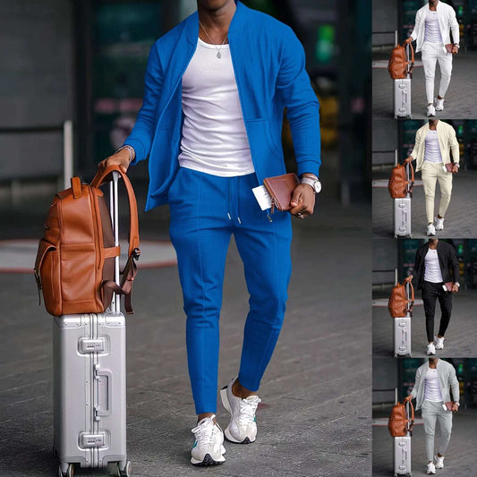 Spring men's casual blazer set new fashion Waffle baseball suit round neck pocket zipper long sleeve trousers two-piece set