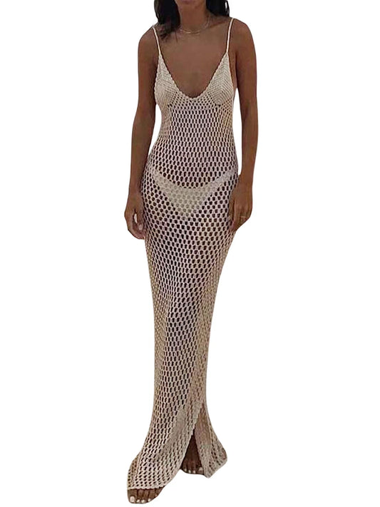 Knitted Beach Cover Ups Crochet Cutout Backless Dress for Bikini Swimsuit