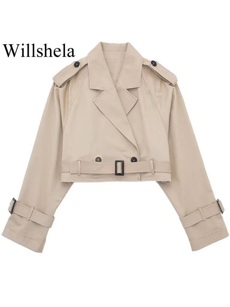 Women Fashion With Belt Cropped Trench Jacket Vintage Notched Neck Long Sleeve Female Chic Lady
