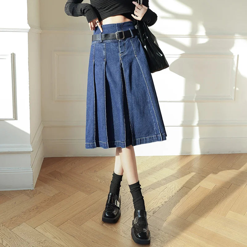 Denim Pleated  Vintage  High Waist A-Line Jeans Skirt Casual