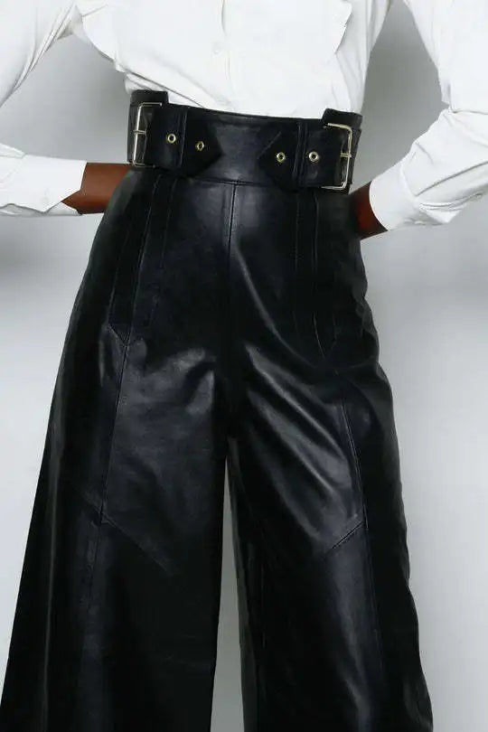 Casual Loose Leather Pants High Waist Wide Legs Solid Pocket Flare Pants
