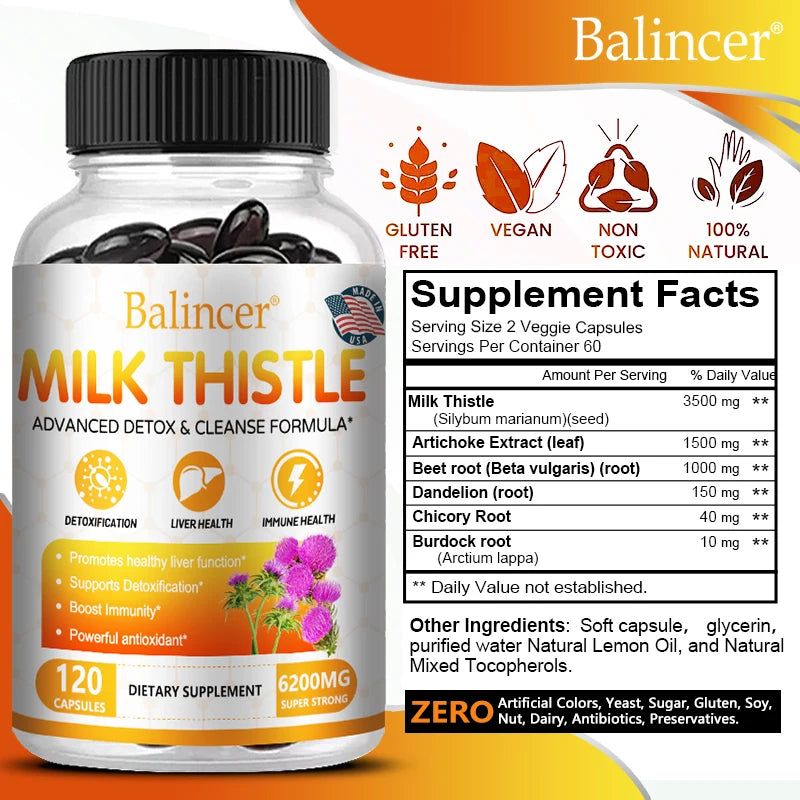 Milk Thistle Extract Supplement 6200mg - Liver Health, Detoxification - Antioxidants, Non-GMO, Gluten-Free