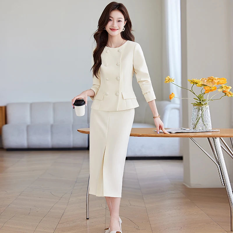 2 Piece Set Women's Double Breasted Blazer Elegant A Line Knee Length Slit Skirts OR Slacks Women's Work Wear