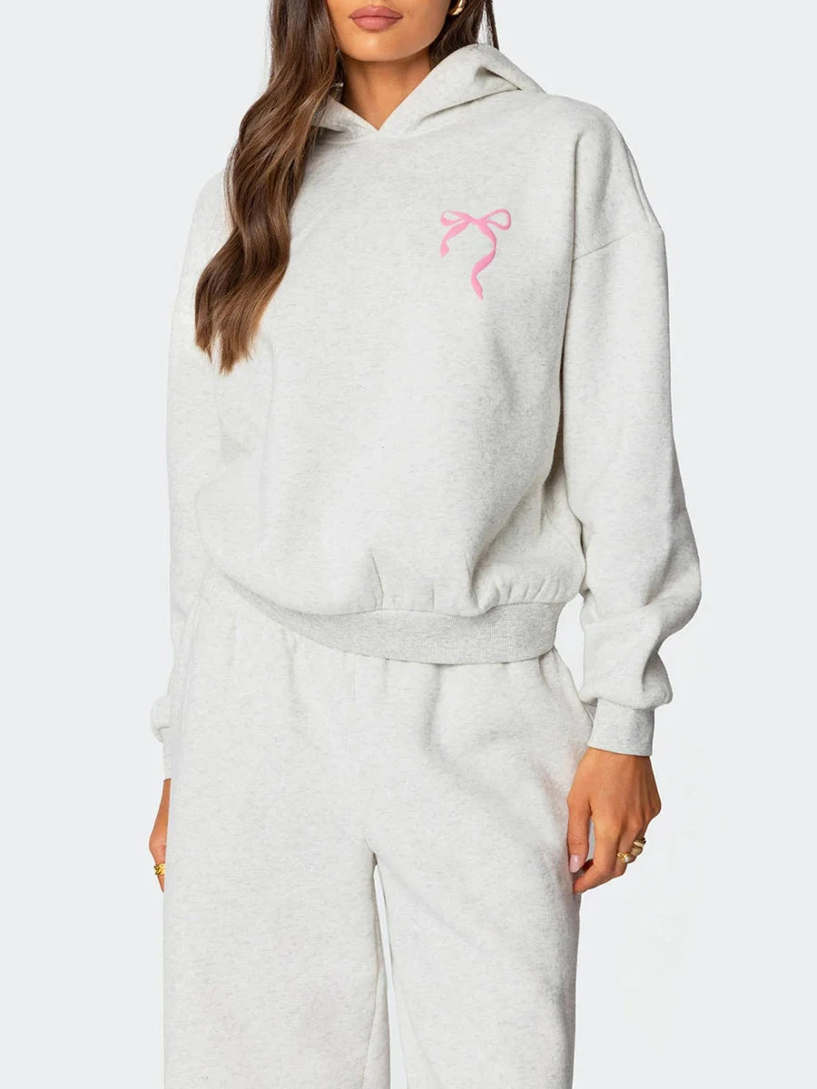 Women s 2 Piece Stylish Outfits Long Sleeve Bow Embroidered Sweatshirt Solid Color Jogger Pants Sets for Casual Wear