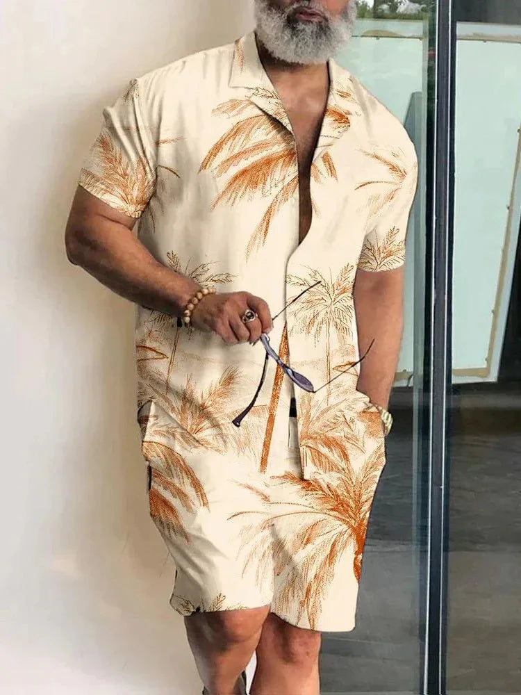 Summer Men's Temperament Shirt Set Men's Hawaii Vacation Short Sleeve Top Drawstring Shorts 2 Pcs Boutique