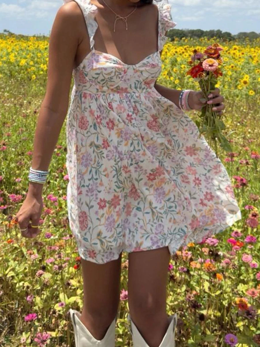 Women V-Neck Dress Sleeveless Ruffle Floral Print Boho Beach Dress Summer Casual Dress with Pockets