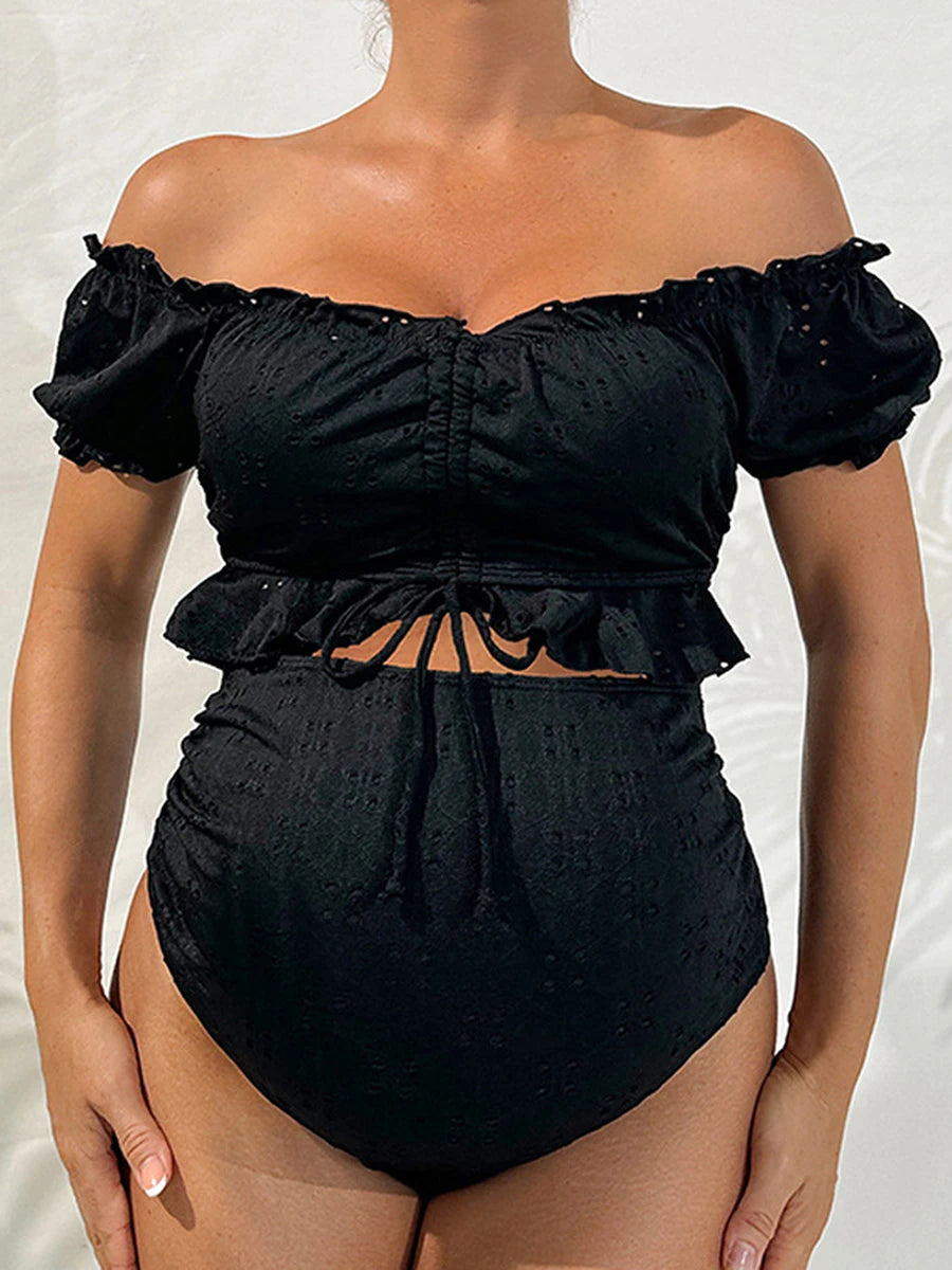 Tankini Swimsuit High Waisted 2 Pieces Bikini Set Pregnancy Bathing Suit Solid Color Off Shoulder Tops Shorts