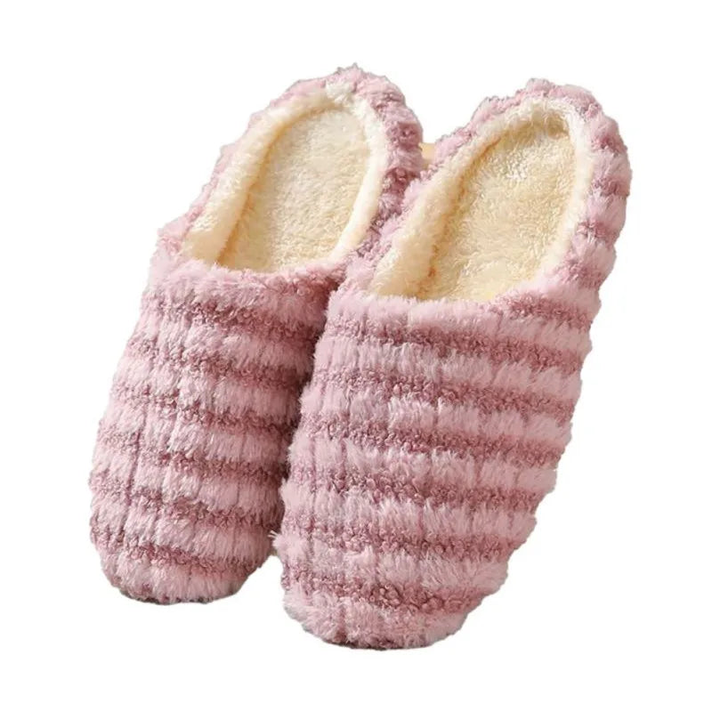 1 Pair Striped Silent Japanese Style Indoor Soft Bottom Anti Slip Cotton Slippers, Winter Insulation Durable Home Cotton Slipper