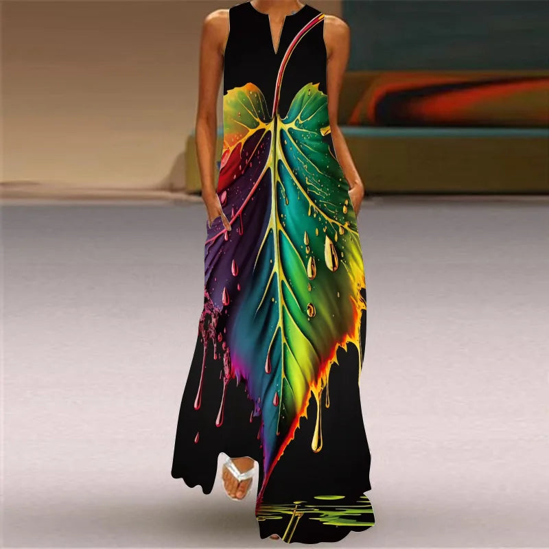 Vintage Print Maxi Dress For Women Summer Loose Sleeveless Long Dresses Elegant Lady V Neck Pocket Boho Beach Sundress Vestidos