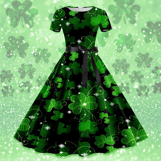Shamrock Print Women St. Patrick's Day Dress Large Swing Short Sleeve A Line  Dress