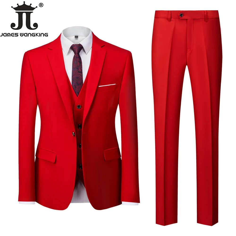 Jacket + Vest + Pants  Boutique Solid Color Men's Official Business Suit Bride's Wedding Dress Party Male Suit