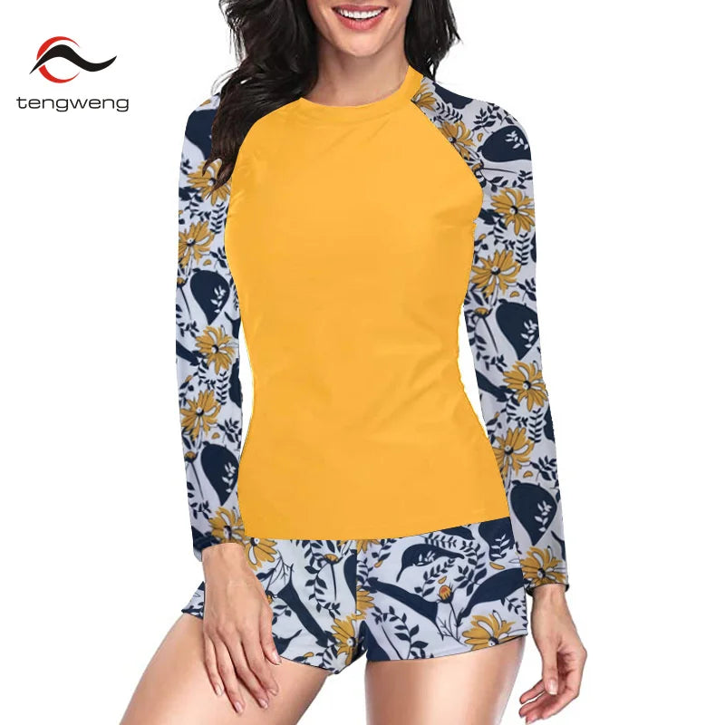 Women Two Pieces Vintage Print Rash Guard Swimwear Long Sleeve Shirt Shorts Surf Top Retro Print Running Shirt Split Swimsuit