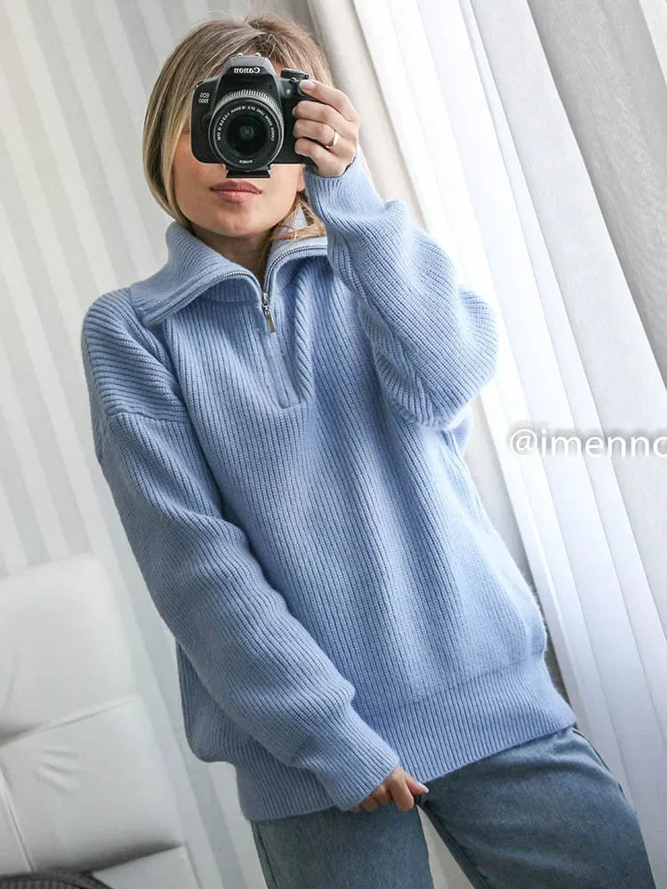 Fashion Women's Turtleneck Zippers Solid Loose Women Sweaters Pullover Long Sleeve Casual Knitted Sweater Woman