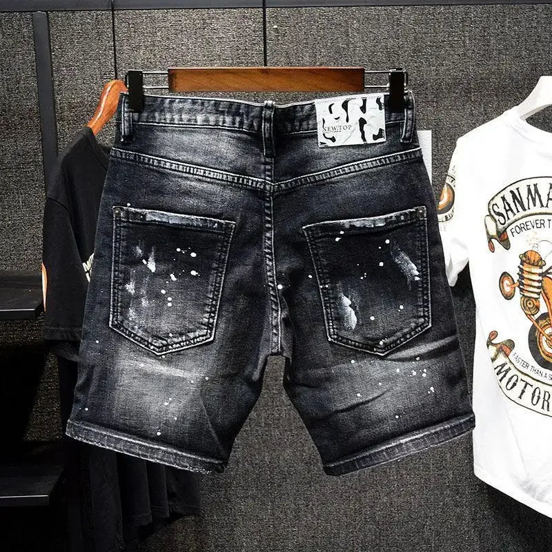 Luxury Brand Designer Clothes  Casual Denim Knee-Length Shorts  Fashion Black Patches Paint Jeans Shorts