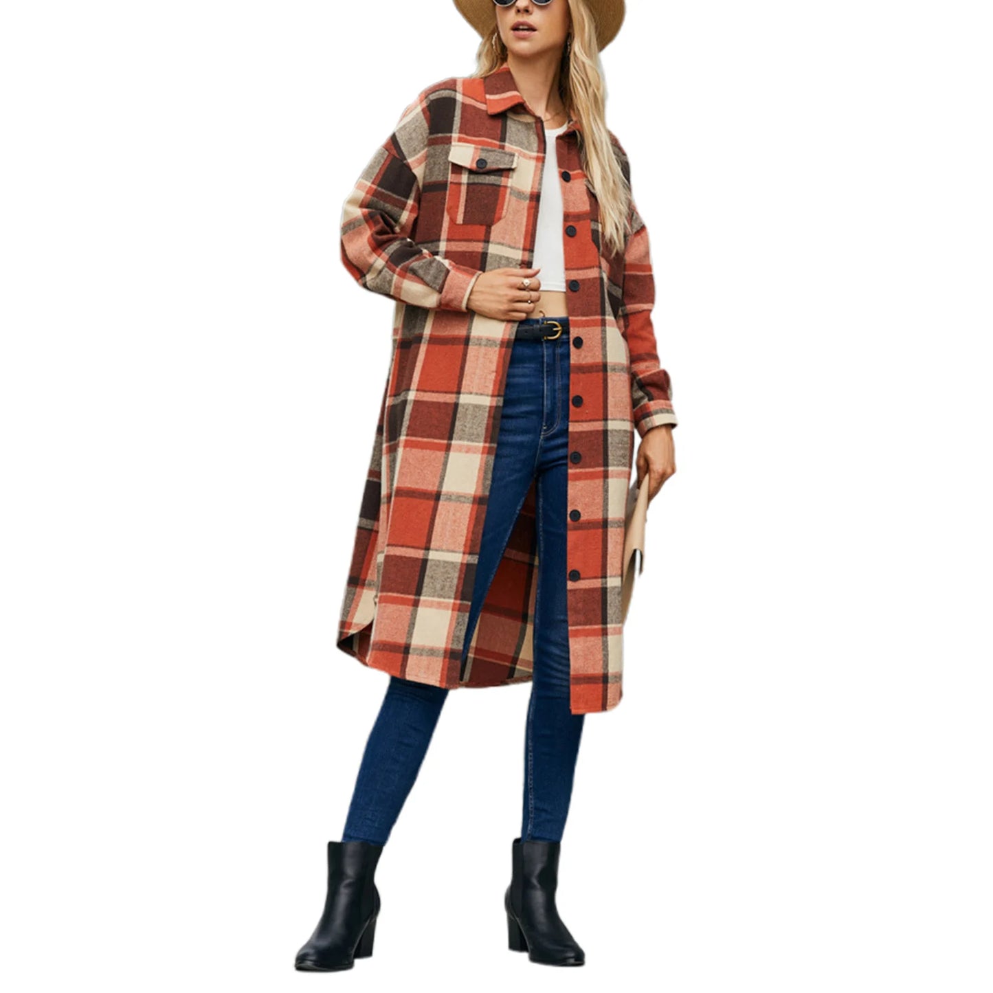 Plus Size Plaid Lapel Neck Long Sleeve Button Down Casual Streetwear Winter Jacket