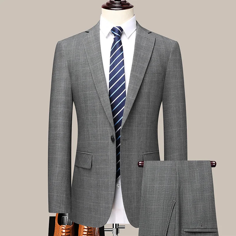Men's Checkered Business Casual Suit Two-Piece Set Polyester Wedding Trend Handsome Boutique Suit + Trousers