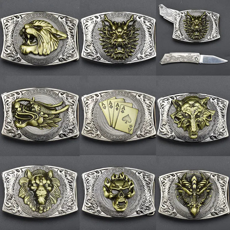 Metal West Cowboy Belt Buckle With Knife  Jeans Accessories Fit 3.8CM-4CM