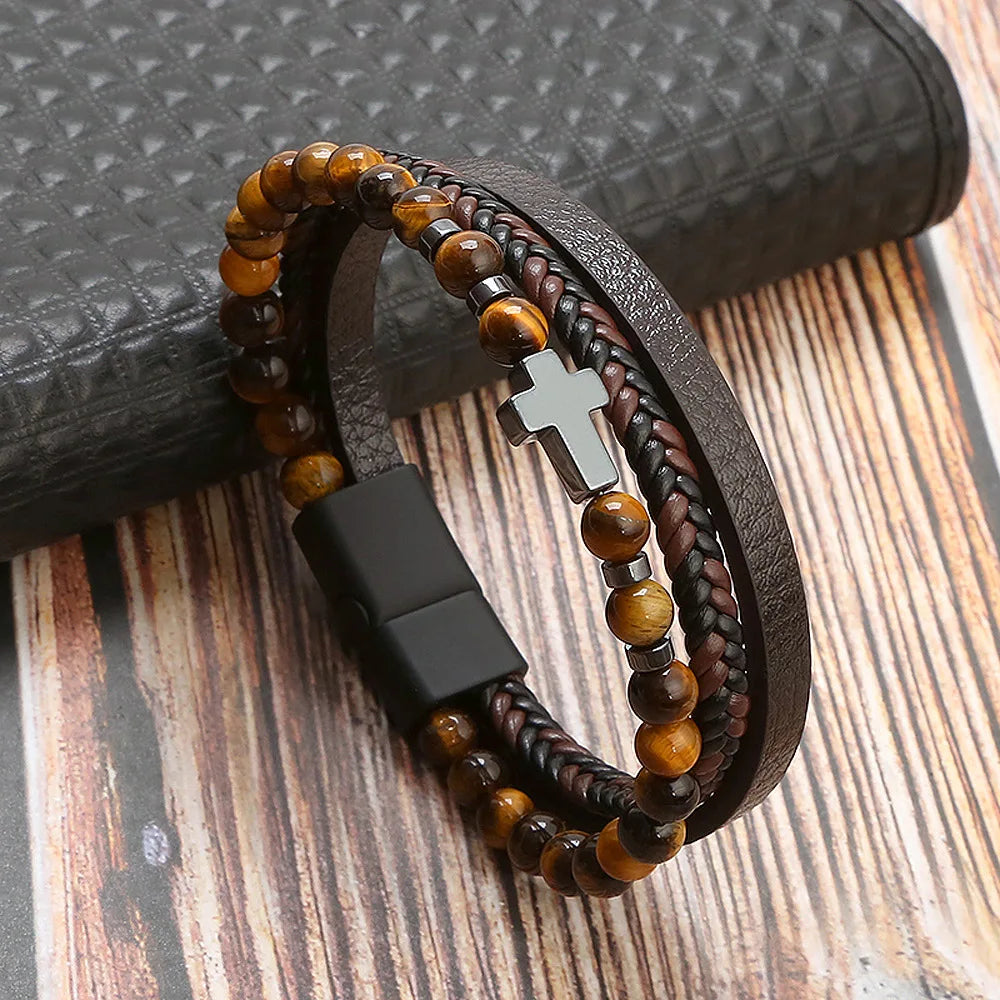 Hot Fashion Beads Leather Bracelet Men Classic Tiger Eye Beaded Multi Layer Leather Bracelet For Men Jewelry