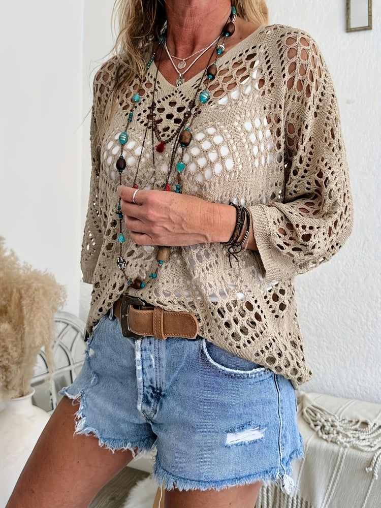 Fashionable and elegant large perforated top, women's hollow knit sweater, versatile sweater