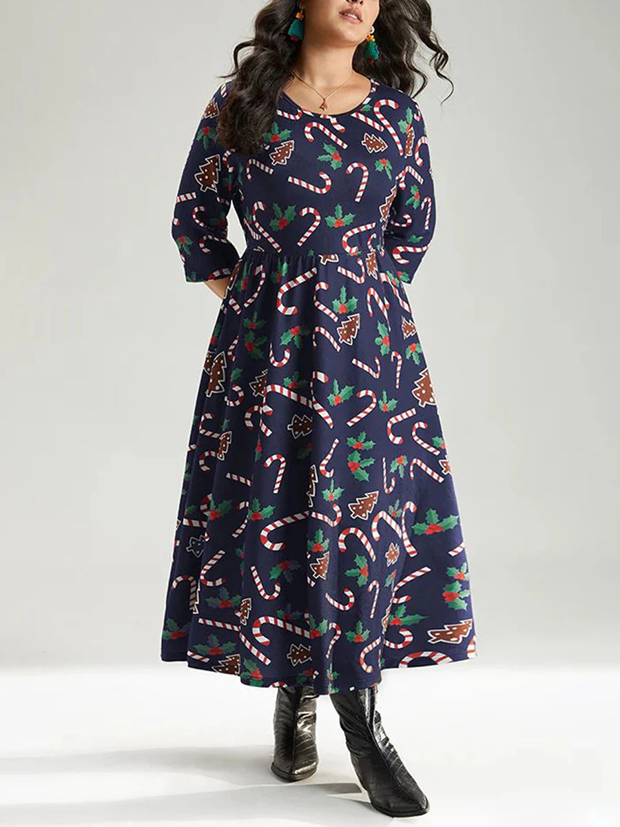 Women Plus Size Dress Candy Cane Print O-Neck  3/4 Sleeve Maxi Dress Winter Elegant Christmas Party Dress for Curvy Ladies