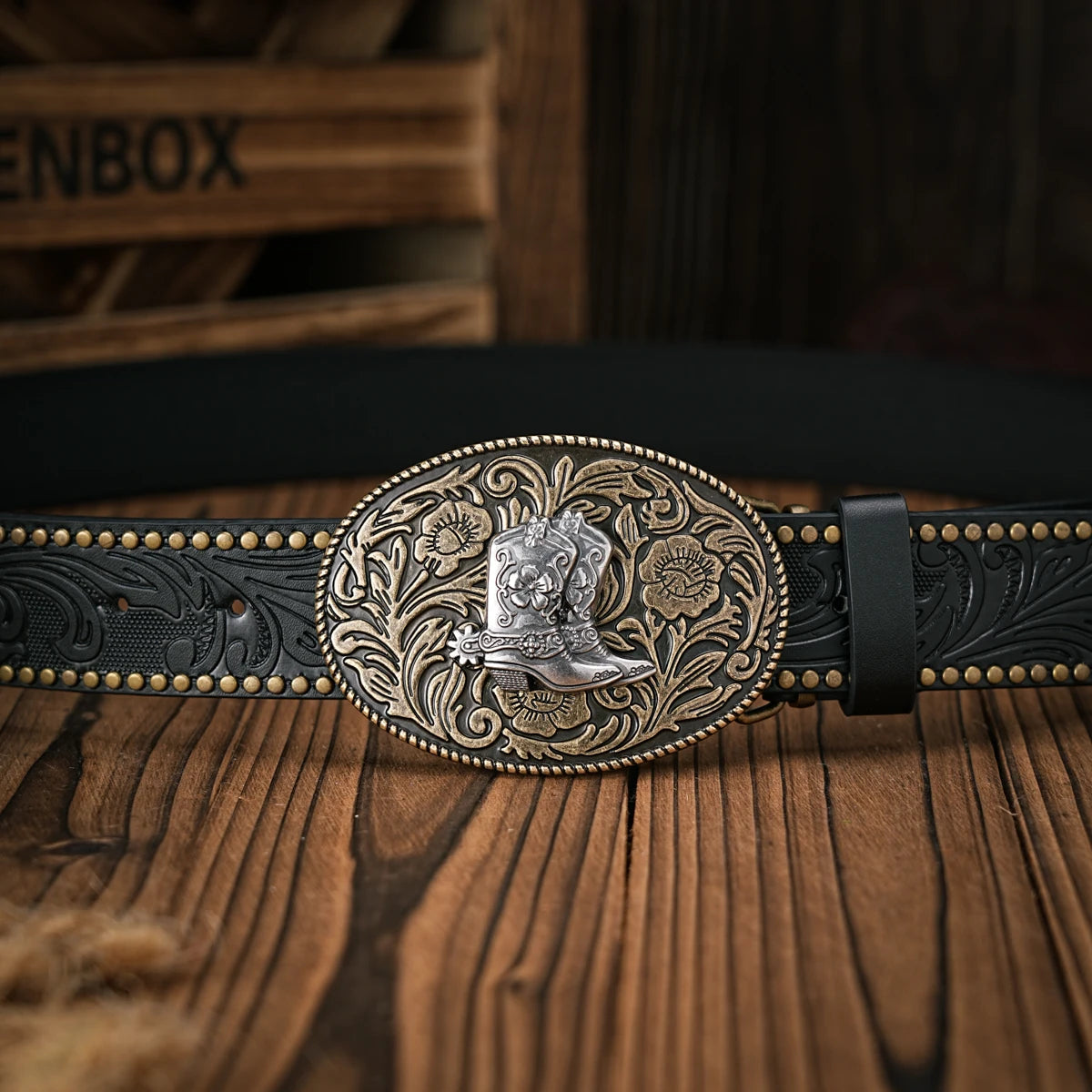 Men - Women - Western Denim - pu leather - Belt - Vintage jeans with floral carved boots buckle belt