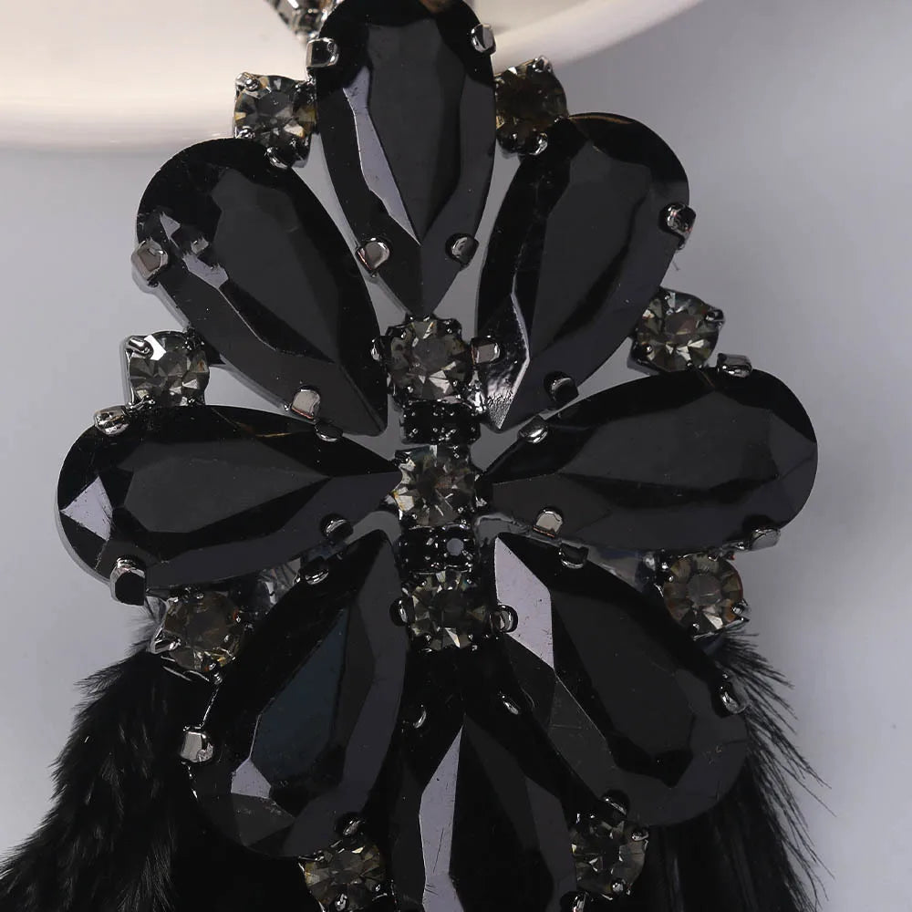Black Feather Dangle Earrings Piercing Inlaid Rhinestone Hanging Earrings