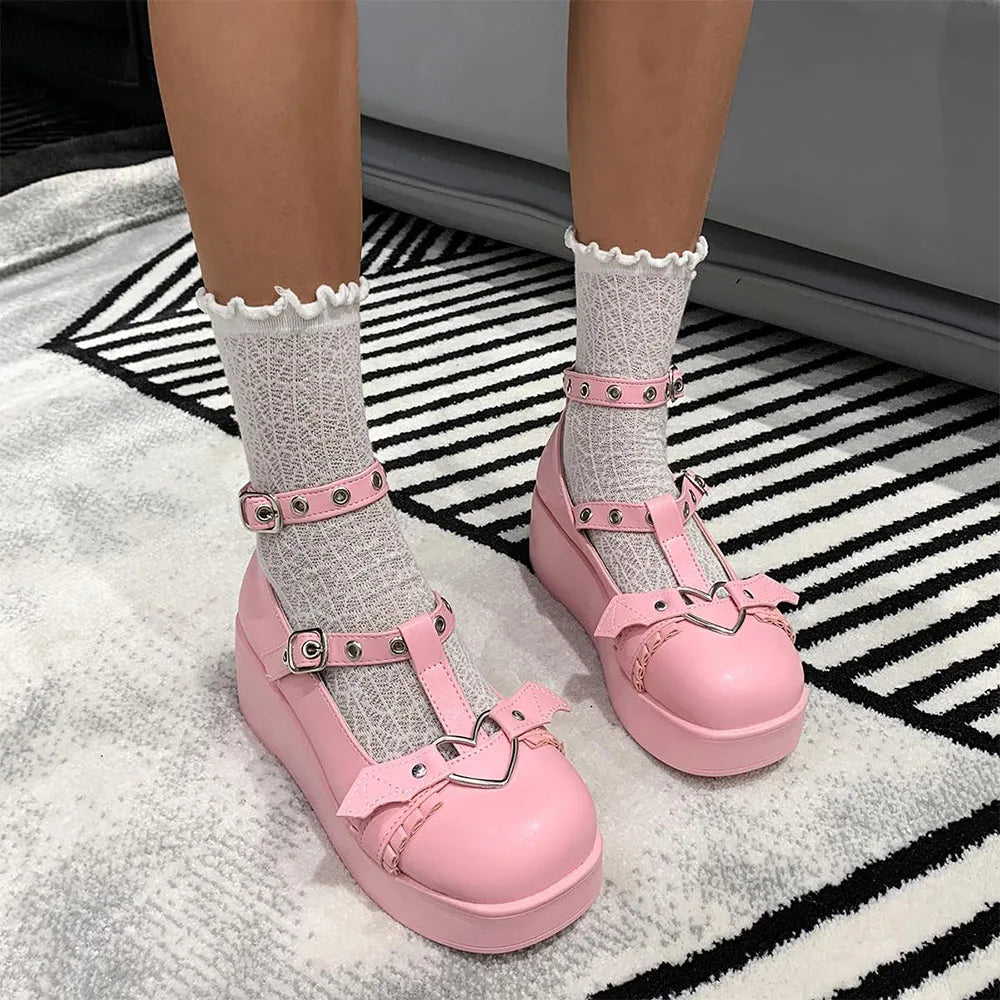 Gothic Round Toe Chunky Heel Mary Jane Cute Heart
