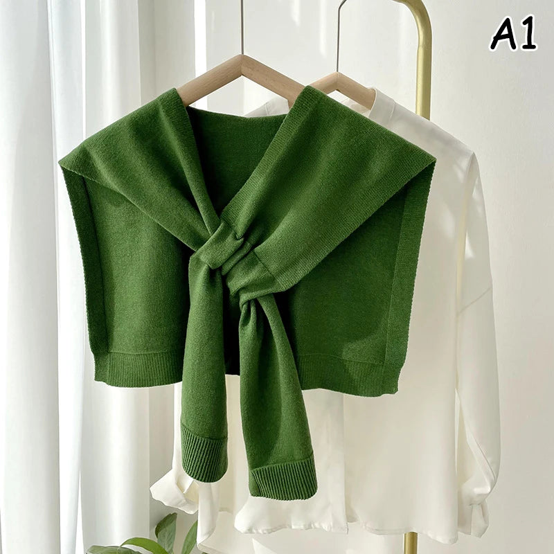 Neck Guard Scarf Solid Color Woman's Knitted Warm Shawl Winter Wool  Shoulders Fake Collar Cape Knotted Scarf