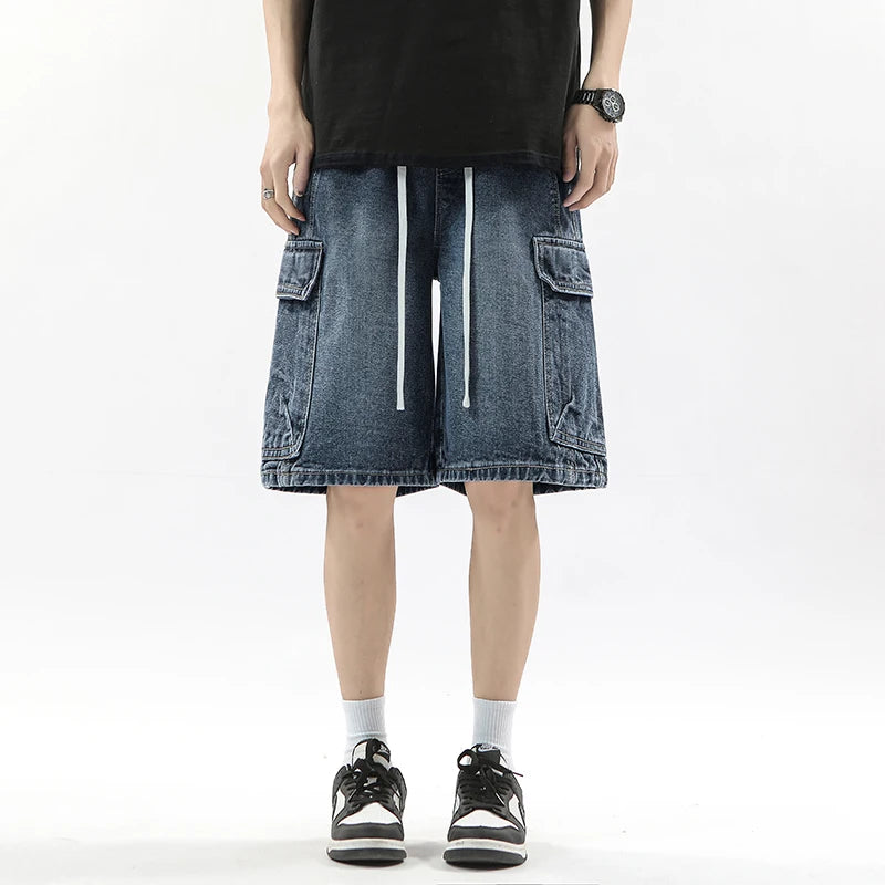 Summer Workwear Denim Shorts Street  Loose Straight Shorts Stretch Waist Casual Jogging Outdoor Five-Cubic Pants