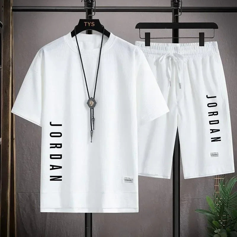 Stylish casual T-shirt + Shorts set Men's sports set Loose comfortable low Run  men's summer Waffle suit