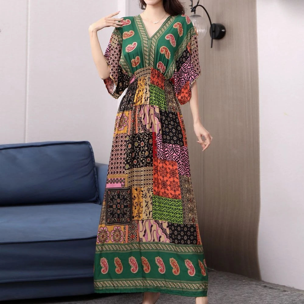 Colorful Flower V-neck Elastic Youthful Bohemian Sweet Midi Dress Woman Clothes Chic Fashion Summer Dresses
