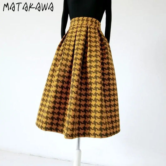 Plaid Woolen Skirts for Women Retro  A-line Contrast Color Long Skirt