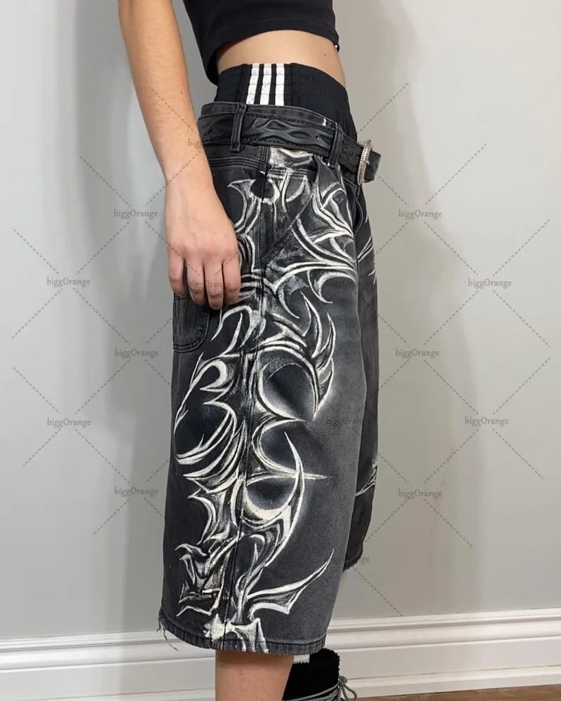 Street Hip-hop Classic Personalized Printed Straight Loose Fashion Jeans Retro  Casual All-match Shorts Women