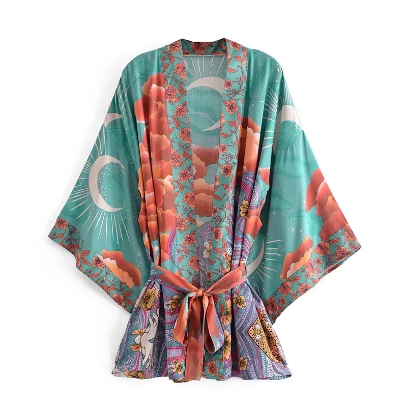 Boho Queens Vintage Star and Moon Floral Print Women's Bohemian V Neck Batwing Sleeves Kimono